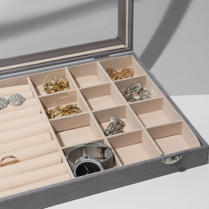 Подставка для украшений &laquo;Шкатулка&raquo; 10 рядов, 12 ячеек, флок, 35&times;24&times;4,5, стеклянная крышка, цвет серо-бежевый