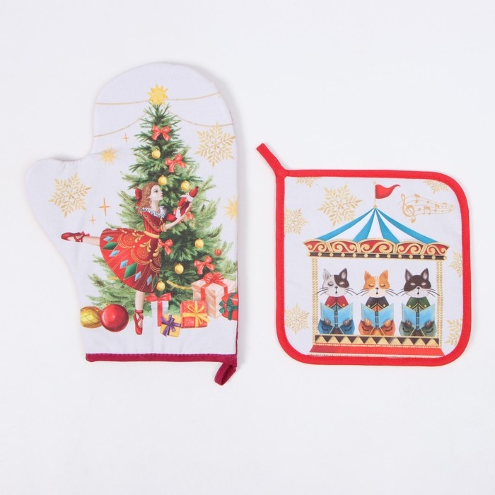 Новый год. Набор кухонный Этель "Щелкунчик": прихватка 19х19 см, варежка-прихватка 20х28 см, 100% хл