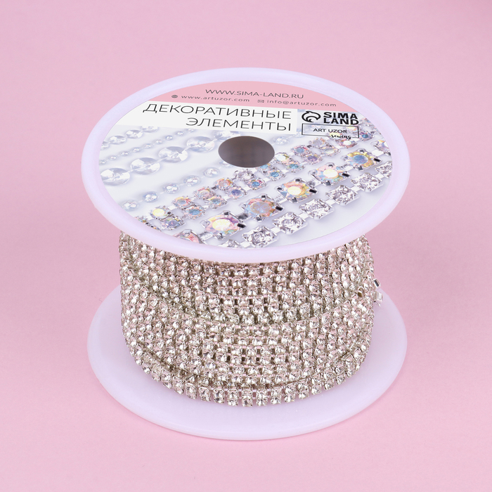 Цепь со стразами, 2 ряда, металл, стекло, 4 мм, 4,5 &plusmn; 0,5 м, цвет серебряный