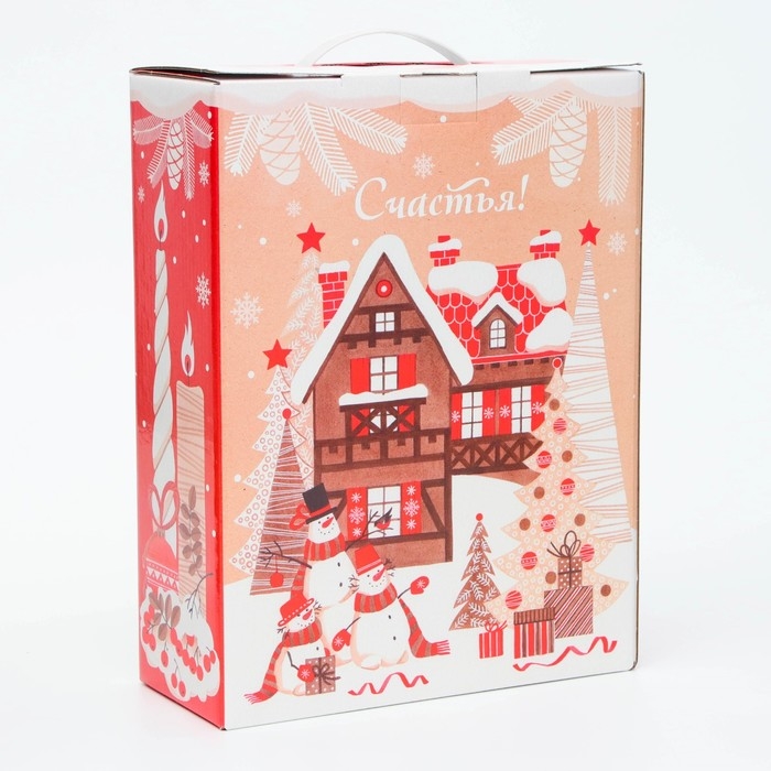 Новый год. Подарочная коробка Новогодняя Коробка Подарочная малая с пластиковой ручкой Новый год. Подарочная коробка Новогодняя Коробка Подарочная малая с пластиковой ручкой "Елочки" 23,5 x 10 x 30,5 см.