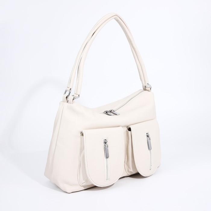 Сумка-тоут на молнии, 3 наружных кармана, цвет молочный Сумка-тоут на молнии, 3 наружных кармана, цвет молочный