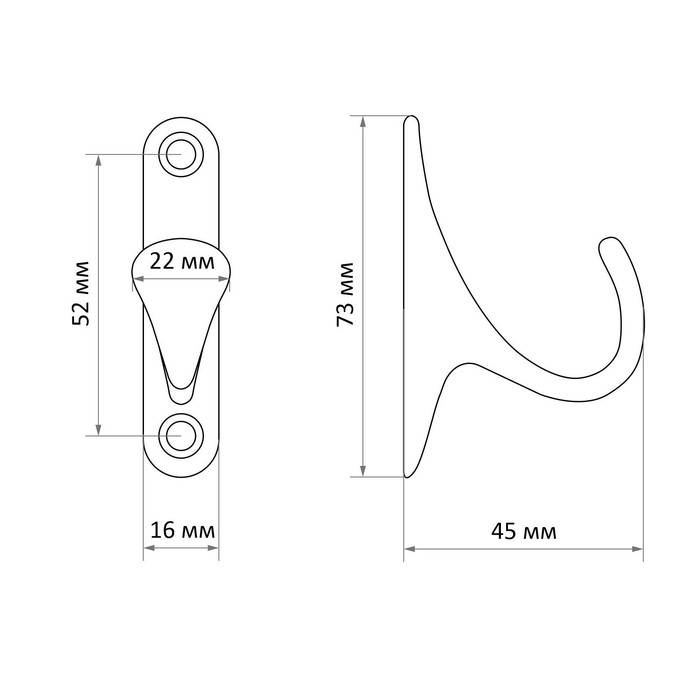 Крючок мебельный ТУНДРА TKO024, однорожковый, золото, 2 шт