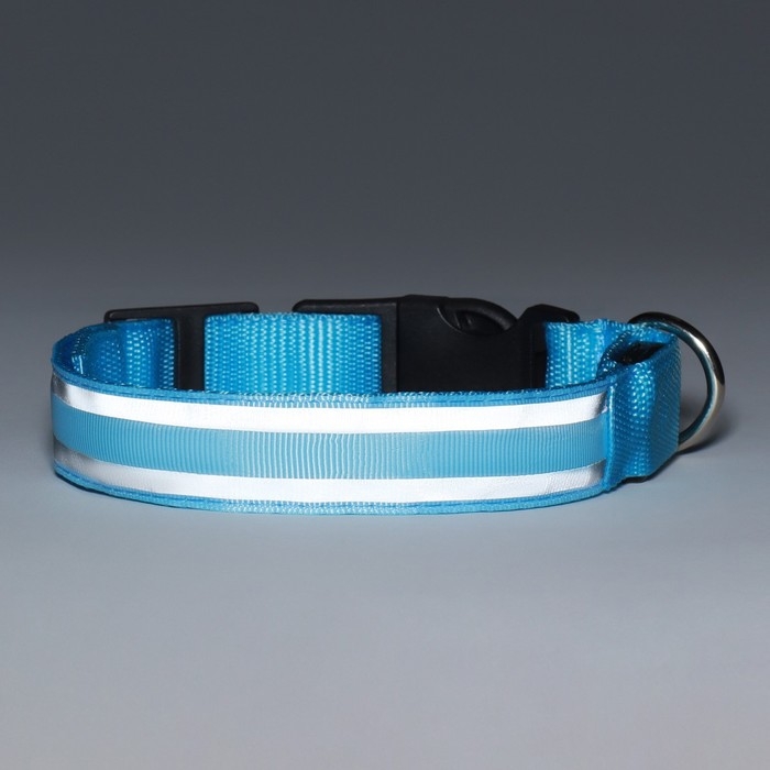 Ошейник с подсветкой Двойная полоса размер L, ОШ 45-52 х 2,5 см 3 режима свечения голубой Ошейник с подсветкой Двойная полоса размер L, ОШ 45-52 х 2,5 см 3 режима свечения голубой