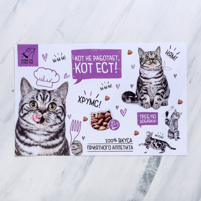 Коврик под миску &laquo;Кот не работает, кот ест!&raquo; 43х28 см