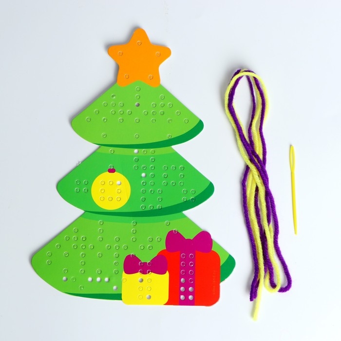 Вышивка пряжей &laquo;Новый год! Ёлка&raquo; на картоне с пластиковой иглой, новогодний набор для творчества