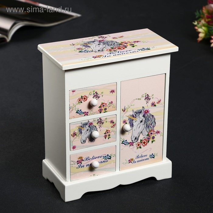Шкатулка дерево комод 3 ящика+дверка Шкатулка дерево комод 3 ящика+дверка "Единорог в цветах" 19х16х8 см