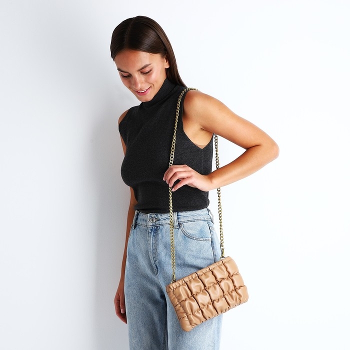 Сумка-клатч на молнии, длинная цепь, цвет коричневый