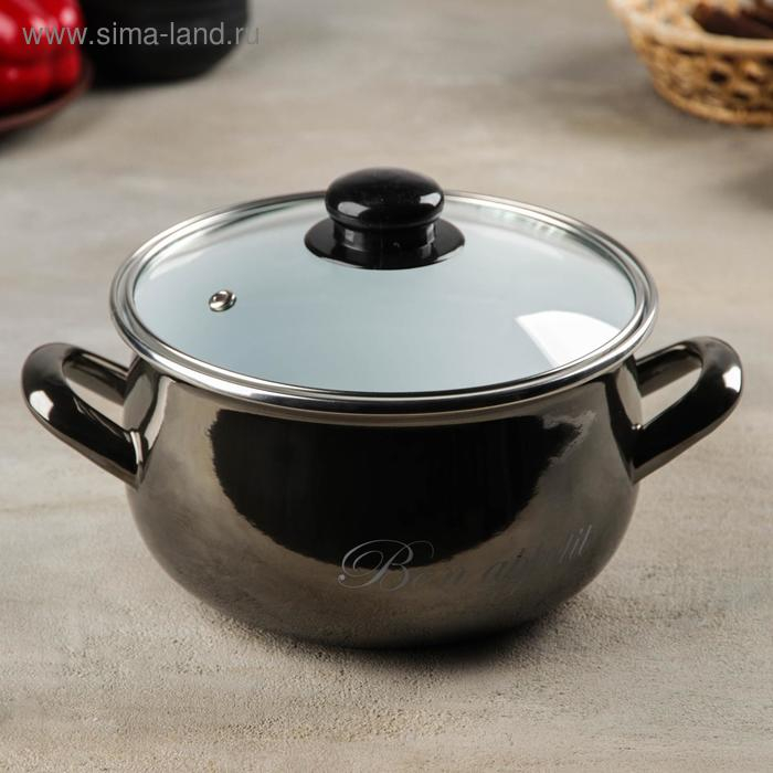 Кастрюля эмалированная «Металлик», 3,1 л, стеклянная крышка, индукция, цвет чёрный Кастрюля эмалированная «Металлик», 3,1 л, стеклянная крышка, индукция, цвет чёрный