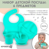 Набор для кормления: нагрудник, тарелка 2шт, стакан, приборы, Крошка Я, бирюзовый Набор для кормления: нагрудник, тарелка 2шт, стакан, приборы, Крошка Я, бирюзовый