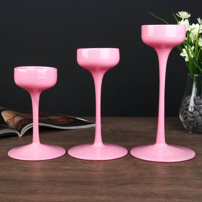 Подсвечник стекло Подсвечник стекло "Бокал-креманка" розовый набор 3 шт h- 17, 21, 24,5х12х12 см
