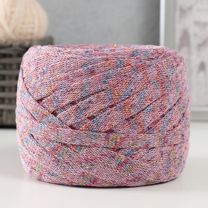 Трикотажная пряжа "Риббон" с люрексом 85м/170&plusmn;5 гр (Розовый, люрекс: Радуга)