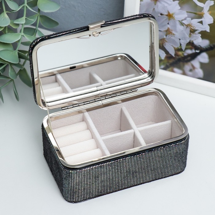 Шкатулка кожзам для украшений Шкатулка кожзам для украшений "Мелкие квадратики. Чёрное серебро" 6х7х12 см