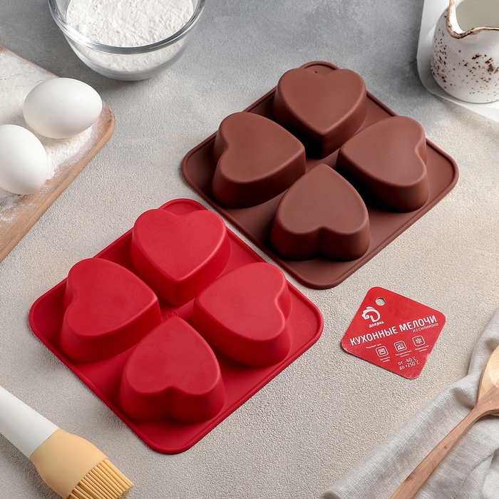 Форма для выпечки Доляна «Сердца», силикон, 16×16 см, 4 ячейки (7×7×3 см), цвет красный Форма для выпечки Доляна «Сердца», силикон, 16×16 см, 4 ячейки (7×7×3 см), цвет красный
