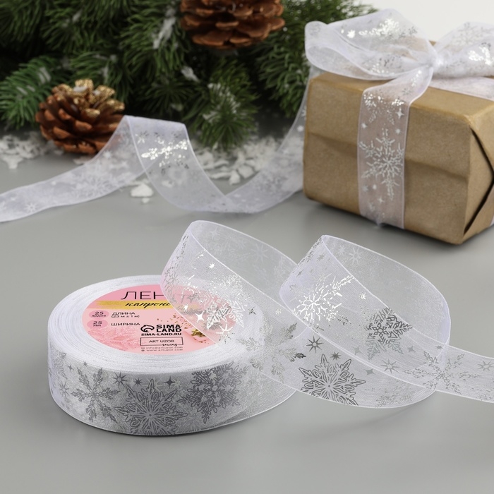 Новый год! Лента капроновая с тиснением &laquo;Фигурные снежинки&raquo;, 25 мм &times; 23 &plusmn; 1 м, цвет белый/серебряный