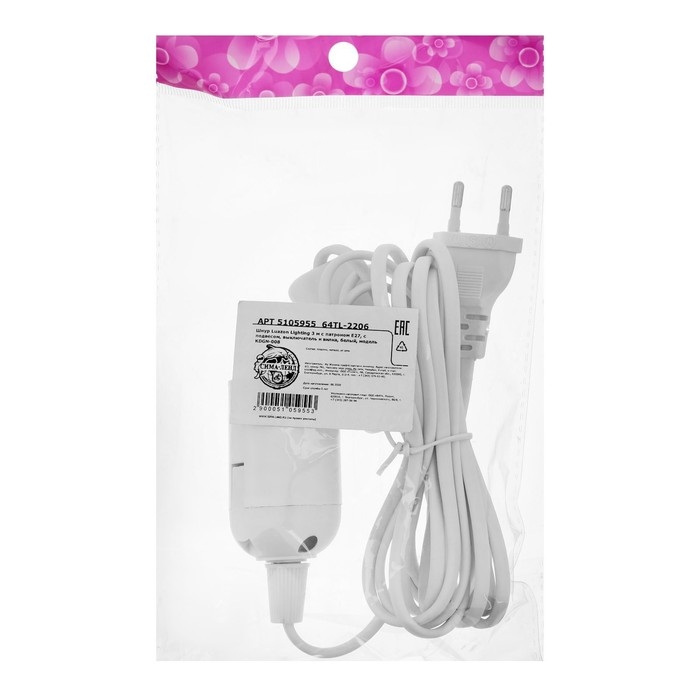 Патрон подвесной с выключателем, Е27, провод 3 м, белый Патрон подвесной с выключателем, Е27, провод 3 м, белый