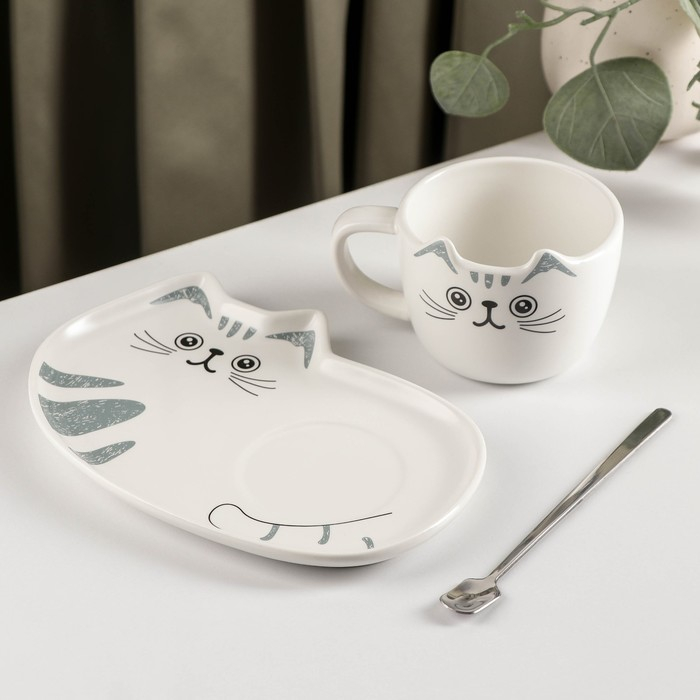 Чайная пара керамическая «Котик», 3 предмета: чашка 200 мл, блюдце 18,5×13,5 см, ложка Чайная пара керамическая «Котик», 3 предмета: чашка 200 мл, блюдце 18,5×13,5 см, ложка