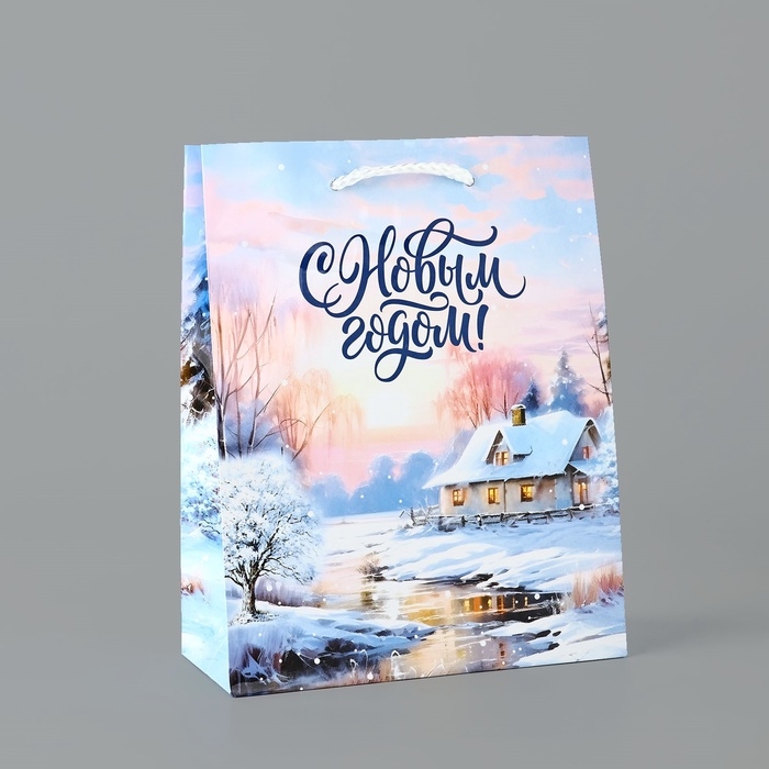 Пакет подарочный новогодний ламинированный &laquo;Зимняя деревня&raquo;, MS 18 х 23 х 8 см, Новый год
