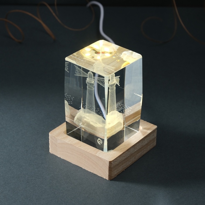 Сувенир стекло подсветка Сувенир стекло подсветка "Прямоугольник. Маяк" подставка дерево, USB 7х7х10