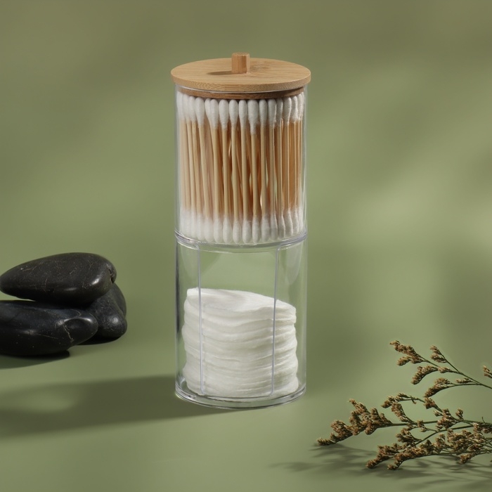 Органайзер для ватных палочек и дисков &laquo;BAMBOO&raquo;, с крышкой, 2 съёмные секции, 7 &times; 18,5 см, в картонной коробке, цвет прозрачный