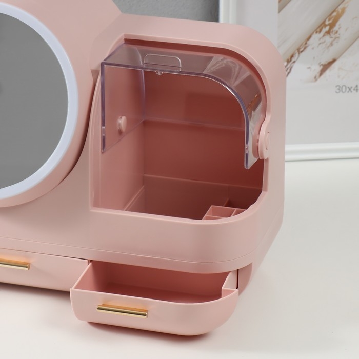 Шкатулка для косметики пластик, зеркало с подсветкой "Светло-розовая" 37,5х22х31 см