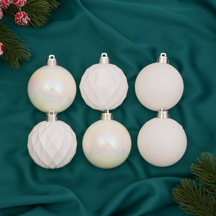 Ёлочные игрушки, шары новогодние , пластик, набор d-6 см, 6 шт "Перл" грани, белый
