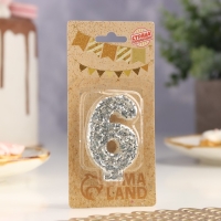 Свеча в торт &laquo;Блестки&raquo;, цифра "6",серебро, 6.5х4