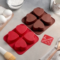 Форма для выпечки Доляна «Сердца», силикон, 16×16 см, 4 ячейки (7×7×3 см), цвет красный Форма для выпечки Доляна «Сердца», силикон, 16×16 см, 4 ячейки (7×7×3 см), цвет красный