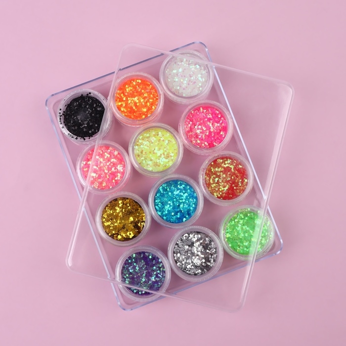 Блёстки для декора ногтей, крупные, набор 12 баночек, в пластиковом органайзере, разноцветные