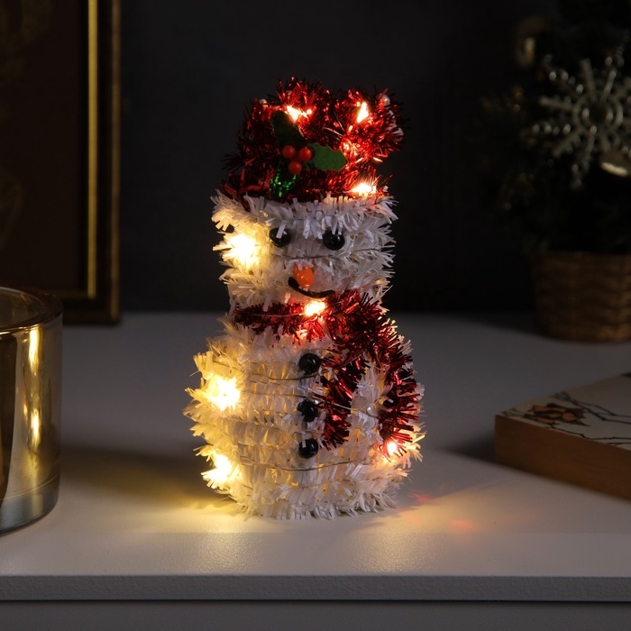 Светодиодная фигура из мишуры &laquo;Снеговик в красном&raquo; 16 &times; 9 см, 10 LED, батарейки AG10х3 (в комплекте), свечение тёплое белое