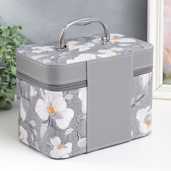 Шкатулка кожзам с зеркалом Шкатулка кожзам с зеркалом "Цветы. Серый" набор 3 шт 18х10х12,5 21х13х15,5 23х15х18,5 см