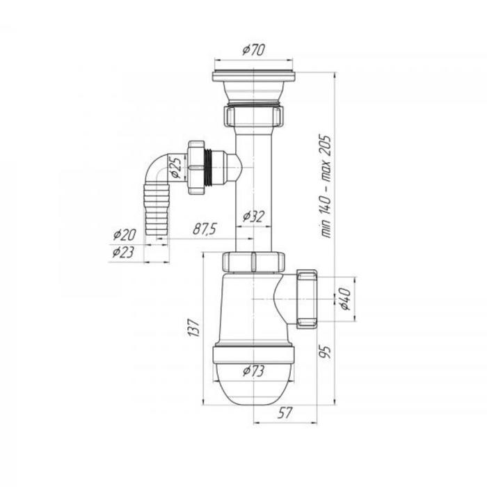 Сифон для мойки "АНИ Пласт" C0300, 1 1/2"х40 мм, с отводом стиральной машины
