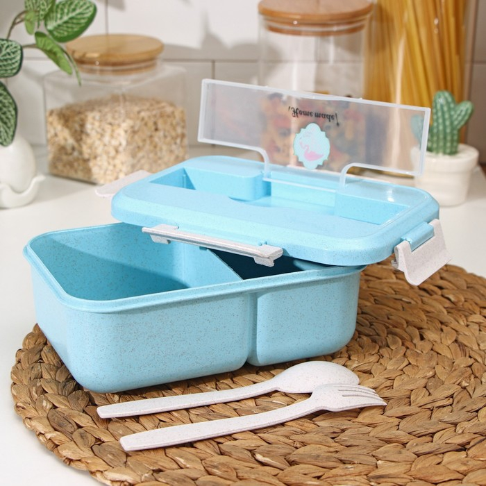 Ланч - бокс пластиковый Доляна &laquo;Фламинго&raquo;, 22&times;16&times;7,5 см, 2 отделения, вилка, ложка, цвет МИКС