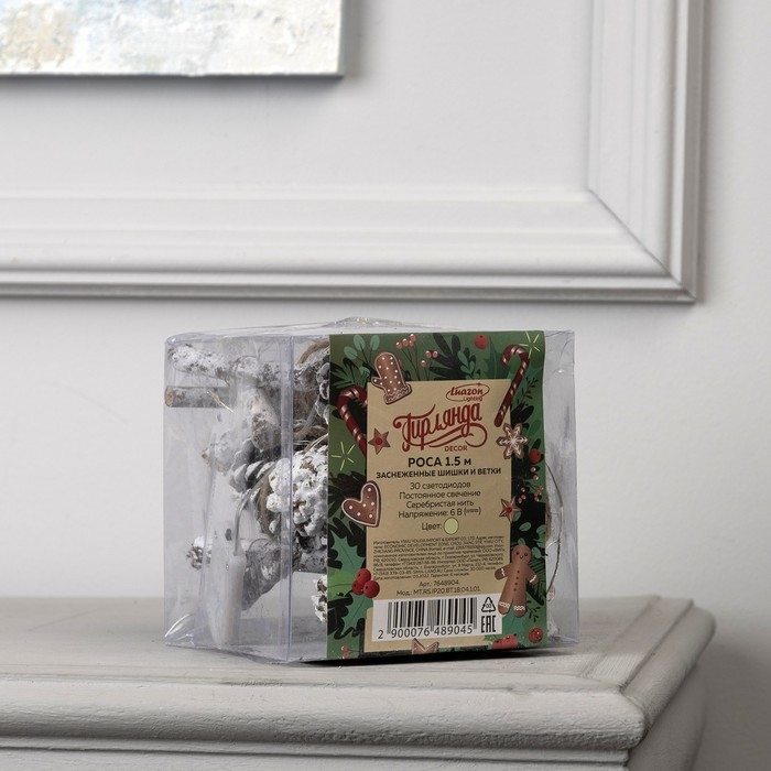 Гирлянда «Нить» 1.5 м роса с насадками «Шишки и ветки», IP20, серебристая нить, 30 LED, батарейки CR2032х2 (в комплекте), свечение тёплое белое Гирлянда «Нить» 1.5 м роса с насадками «Шишки и ветки», IP20, серебристая нить, 30 LED, батарейки CR2032х2 (в комплекте), свечение тёплое белое