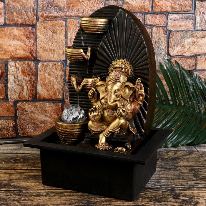 Фонтан настольный от сети, подсветка "Золотой Ганеша у водопада с чашами" 35х25х20 см