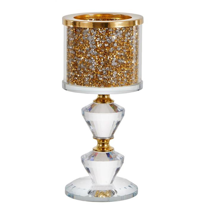 Подсвечник стекло на 1 свечу "Золотые камешки" ножка с кристаллами 16,5х7,5х7,5 см