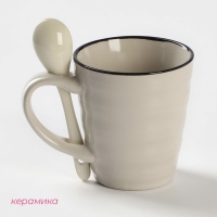 Кружка керамическая с ложкой Доляна &laquo;Ноель&raquo;, 280 мл, цвет бежевый