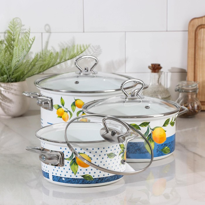 Набор кастрюль Доляна &laquo;Лимоны&raquo;, 3 предмета: 1,9 л, 2,5 л, 3,7 л, стеклянные крышки, индукция