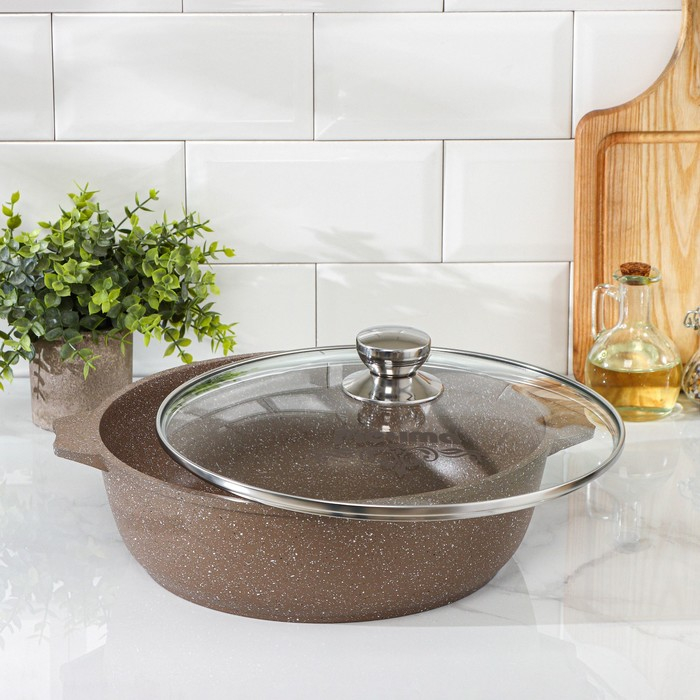 Жаровня &laquo;Гранит Brown&raquo;, 5 л, h=9 см, стеклянная крышка, антипригарное покрытие, цвет коричневый