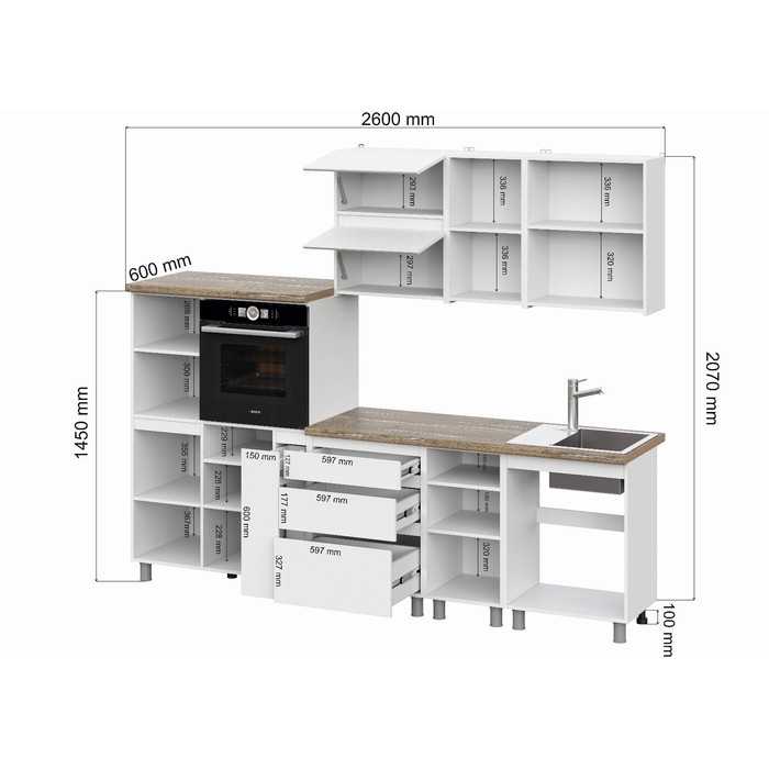 Кухонный гарнитур Одри 1/2.6, Белый/Дуб делано 38мм
