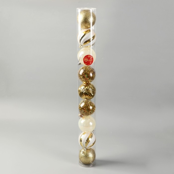 Набор шаров пластик d-8 см, 9 шт Набор шаров пластик d-8 см, 9 шт "Мелодия" диско полосы, бело-золотой