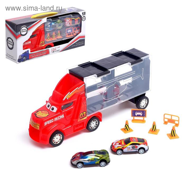 Гараж детский &laquo;Грузовик &laquo;Перевозчик&raquo;, 2 металлические машинки и дорожные знаки, МИКС