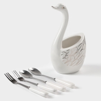 Подставка для столовых приборов &laquo;Лебедь&raquo;, 5 предметов: подставка 9&times;6,5&times;16,5 см, 2 ложки, 2 вилки, цвет белый