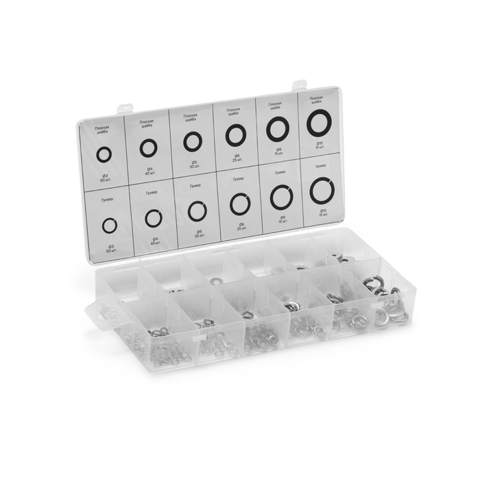 Набор гроверов и шайб плоских из нержавеющей стали ТУНДРА krep, 350 предметов Набор гроверов и шайб плоских из нержавеющей стали ТУНДРА krep, 350 предметов