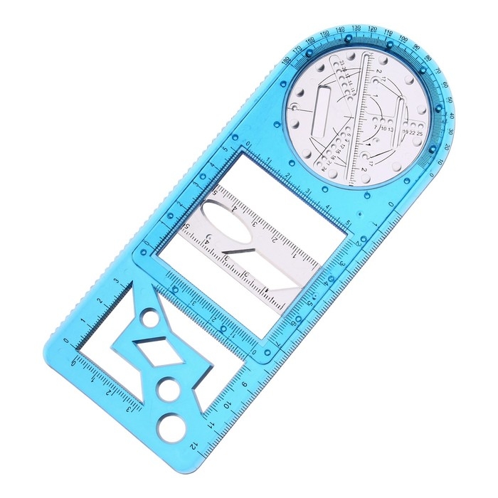 Линейка-трафарет для черчения фигур, с транспортиром, пластик Линейка-трафарет для черчения фигур, с транспортиром, пластик