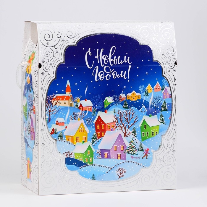 Новый год. Коробка подарочная новогодняя "Городок" 21,5 х 25,6 х 11 см.
