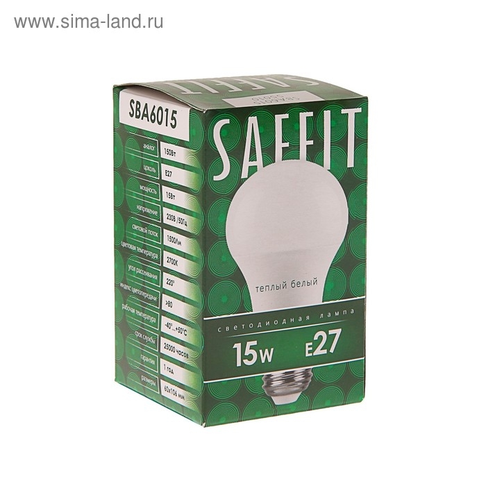Лампа светодиодная SAFFIT SBA6015, A60, E27, 15 Вт, 230 В, 2700 К, 1500 Лм, 220°, 118х60 мм Лампа светодиодная SAFFIT SBA6015, A60, E27, 15 Вт, 230 В, 2700 К, 1500 Лм, 220°, 118х60 мм