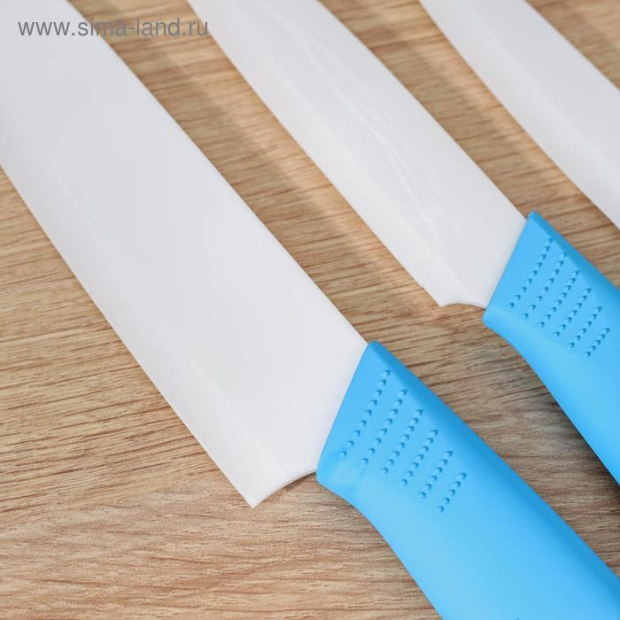 Набор кухонный на подставке Доляна &laquo;Симпл&raquo;, 5 предметов: ножи 7,5 см, 10,5 см, 13 см, 15 см, овощечистка, цвет голубой