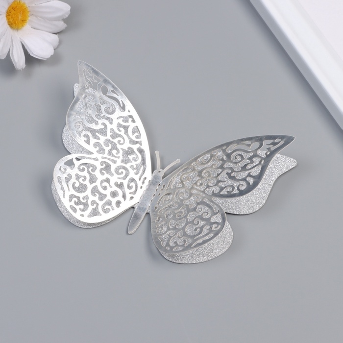 Наклейка бумага, пластик "Цветочные бабочки серебро" блёстки набор 12 шт 12 см, 10 см 8 см   1052426