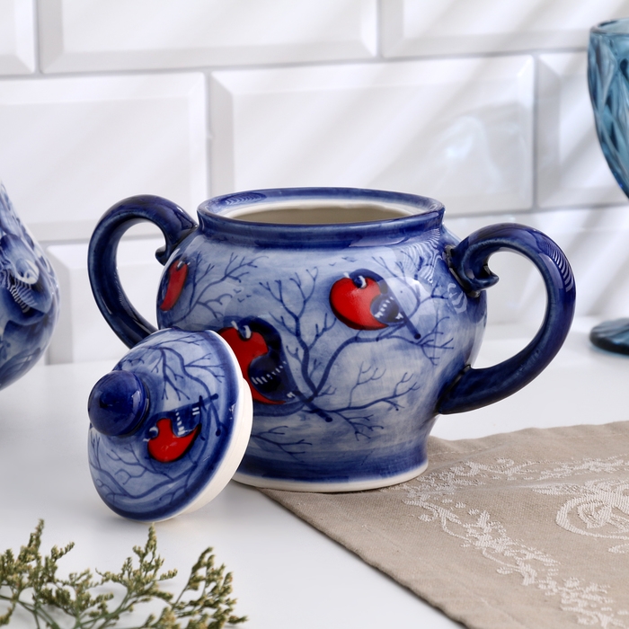 Сахарница Сахарница "Снегири", уют, 16 х 22 см, гжель