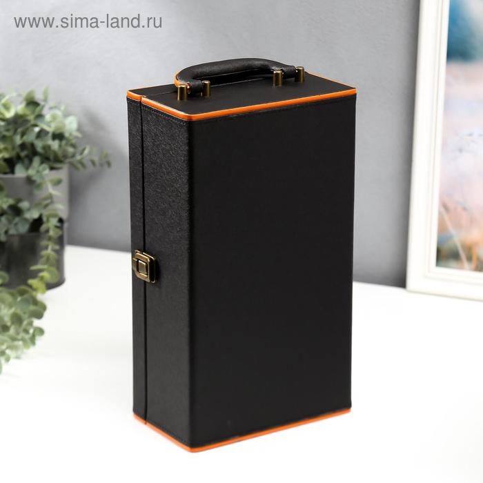 Шкатулка дерево, кожзам для 2 бутылок "Чёрная с оранжевой вставкой" 4 предмета 34,5х20х12 см   51968